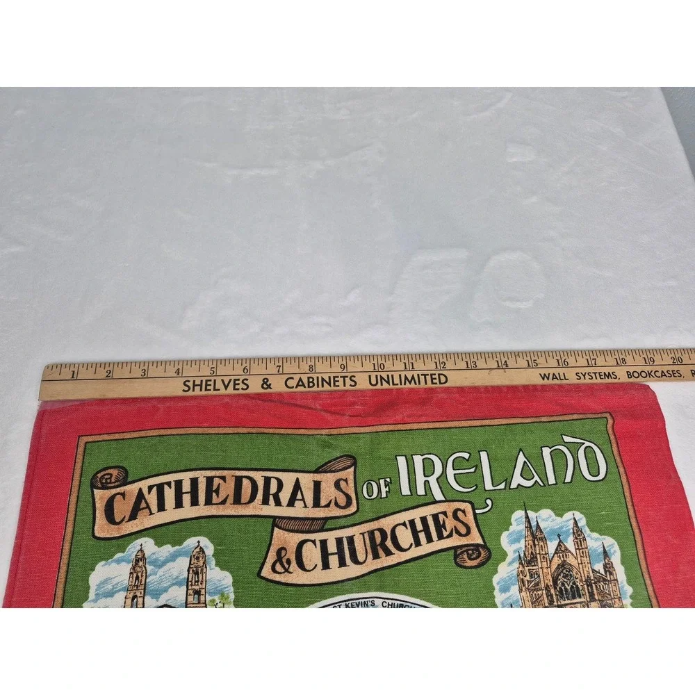 Cathedrals of Ireland & Churches Tea Towel Green Red Border Cotton